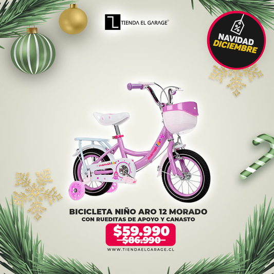 Bicicleta Niña Aro 12 Morado con Rueditas de Apoyo y Canasto