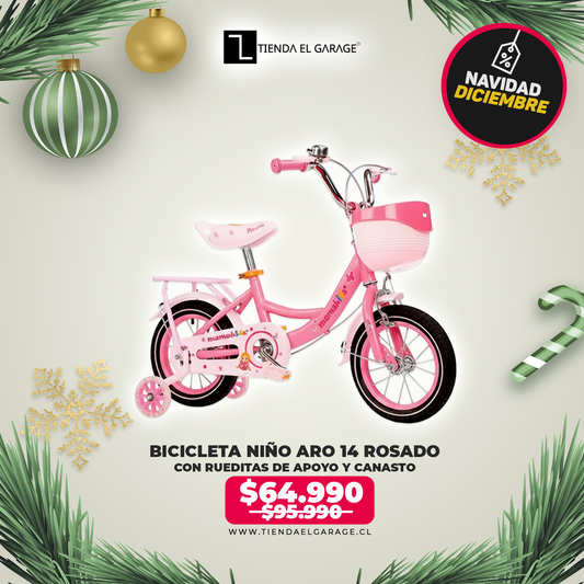 Bicicleta Niña Aro 14 Rosado con Rueditas de Apoyo y Canasto