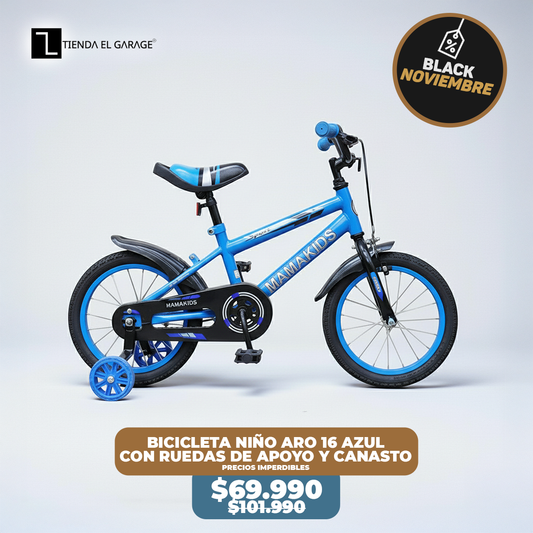 Bicicleta Niño Aro 16 Azul con Rueditas de Apoyo y Canasto