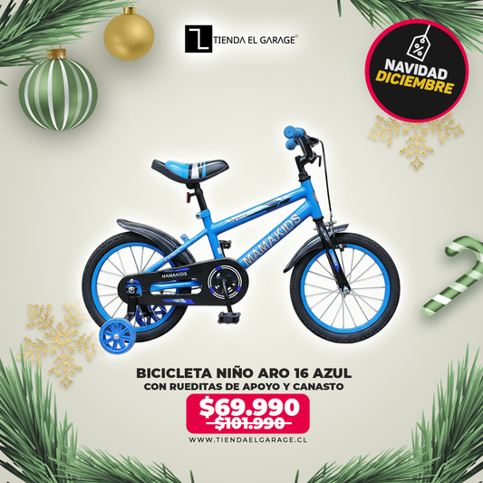 Bicicleta Niño Aro 16 Azul con Rueditas de Apoyo y Canasto