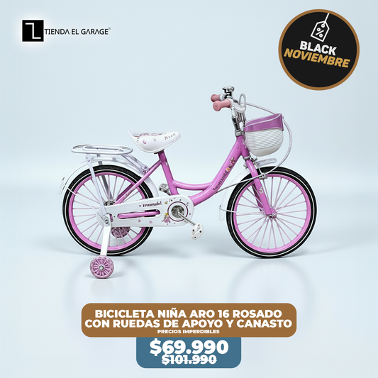 Bicicleta Niña Aro 16 Rosado con Rueditas de Apoyo y Canasto