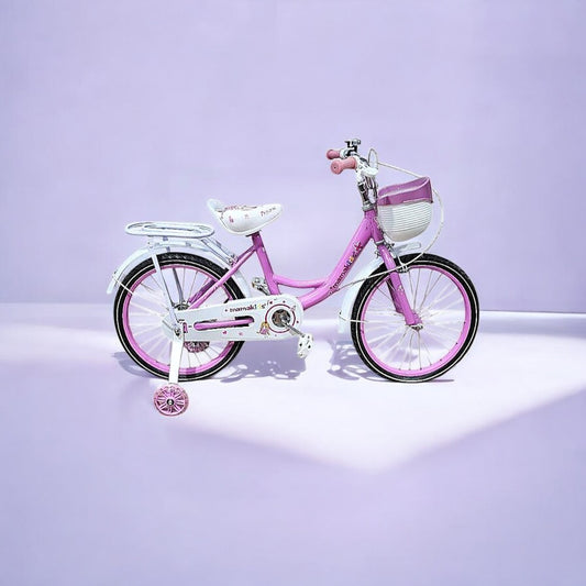 Bicicleta para niña aro 16 rosada con rueditas de apoyo y canasto