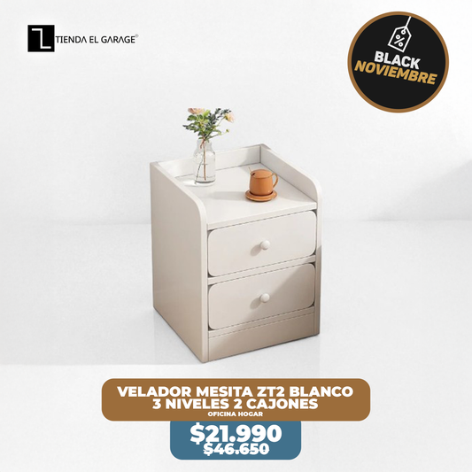 Velador Mesita ZT2 BLANCO 3 Niveles 2 Cajones Tienda El Garage