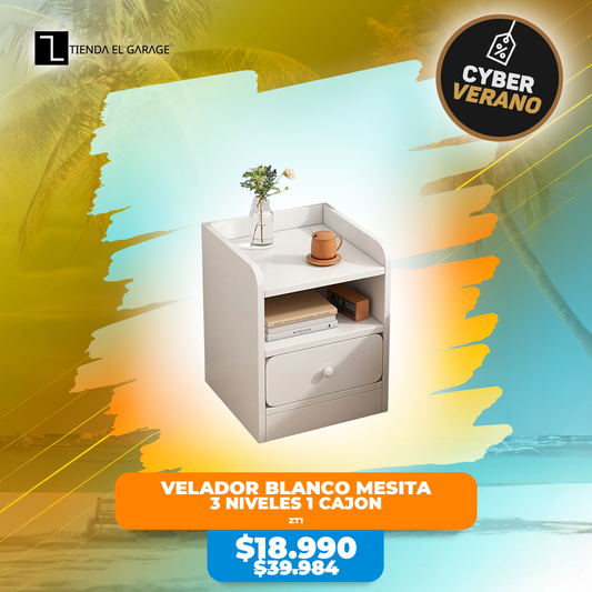 Velador ZT1 BLANCO Mesita 3 Niveles 1 Cajon Tienda El Garage