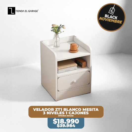 Velador ZT1 BLANCO Mesita 3 Niveles 1 Cajon Tienda El Garage