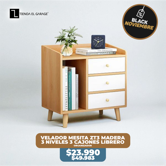 Velador Mesita ZT3 Madera 3 Niveles 3 Cajones Librero Organizador