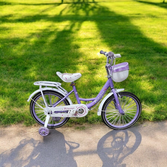 Bicicleta para niña aro 18 morada con rueditas de apoyo y canasto