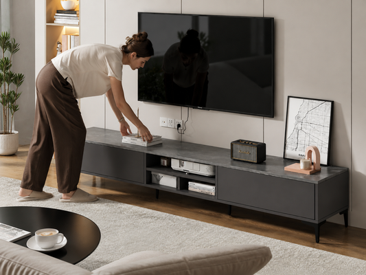 RACK TV MINIMALIST MADERA GRIS DOBLE PUERTA SLIM 160x30x46 CM XP-10