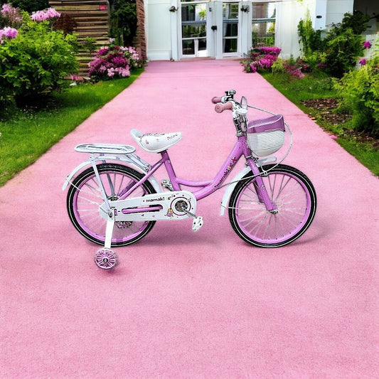 Bicicleta para niña aro 18 rosada con rueditas de apoyo y canasto