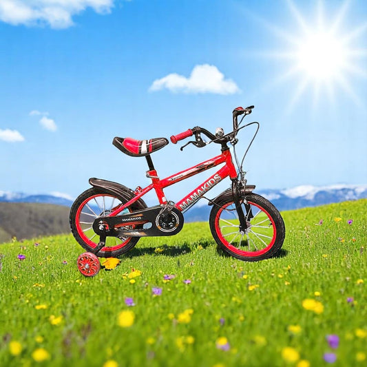 Bicicleta para niño aro 14 roja con rueditas de apoyo y canasto