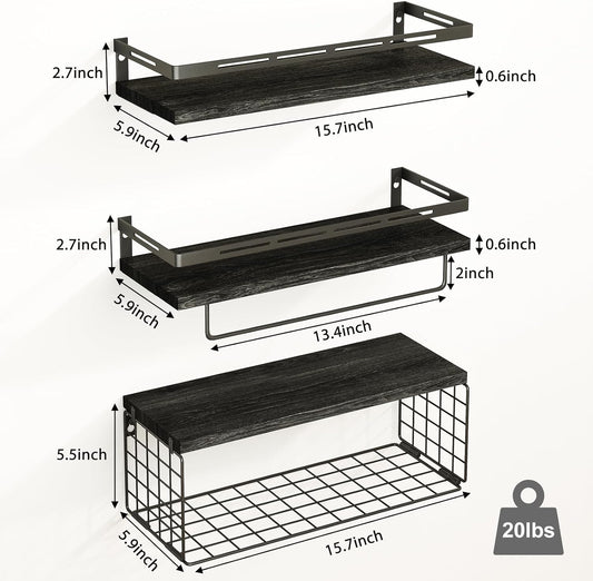 Repisas Flotantes Madera x3 con Reja Estilo Moderno Pino Nano0149