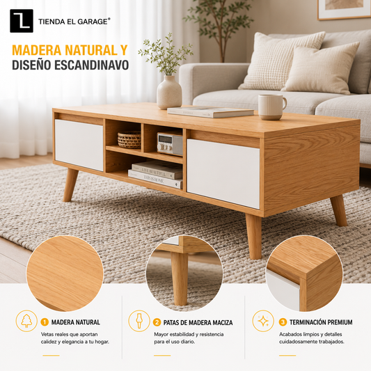 Mesa de centro madera natural con cajón frontal