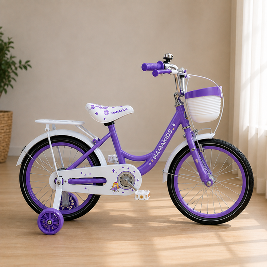 Bicicleta niña aro 12 morada vista lateral con canasto y parrilla trasera