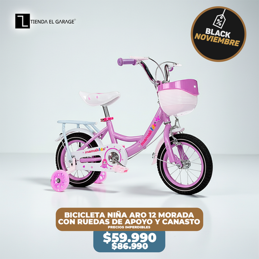 Bicicleta Niña Aro 12 Morado con Rueditas de Apoyo y Canasto