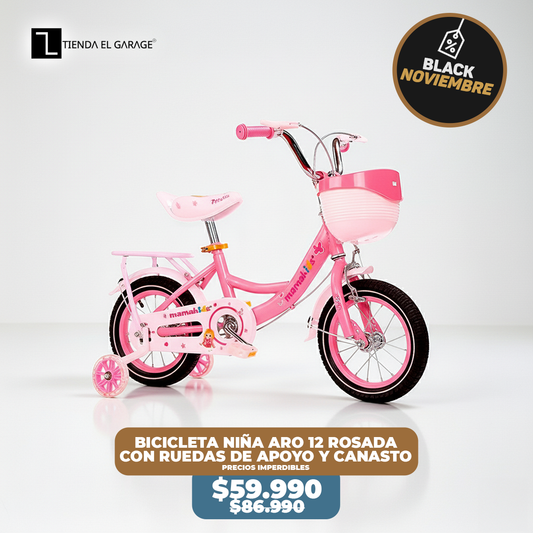 Bicicleta Niña Aro 12 Rosado con Ruedas de Apoyo y Canasto