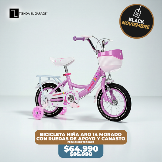 Bicicleta Niña Aro 14 Morado con Rueditas de Apoyo y Canasto