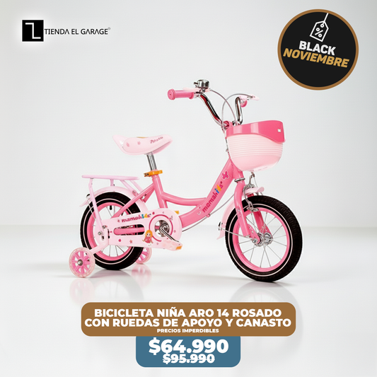 Bicicleta Niña Aro 14 Rosado con Rueditas de Apoyo y Canasto