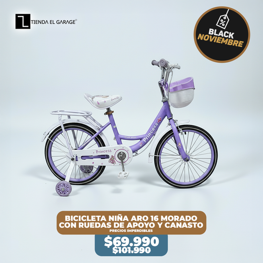 Bicicleta Niña Aro 16 Morado con Rueditas de Apoyo y Canasto