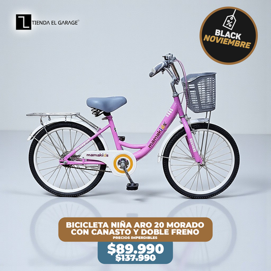 Bicicleta Niña Aro 20 Morado con Canasto y Doble Freno