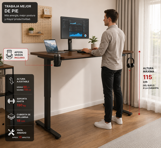 Escritorio eléctrico walnut home office regulable en altura