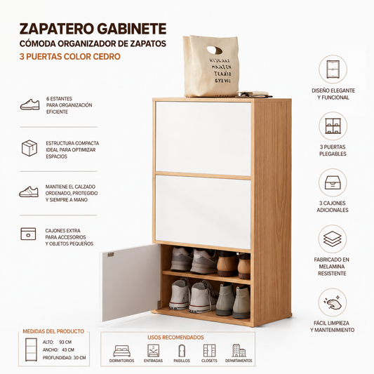 Zapatero Organizador 3 Puertas 6 Niveles Nogal Claro con Cajones ZT9