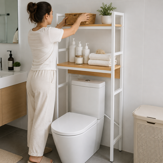 Organizador para baño y lavandería madera y metal 2 niveles