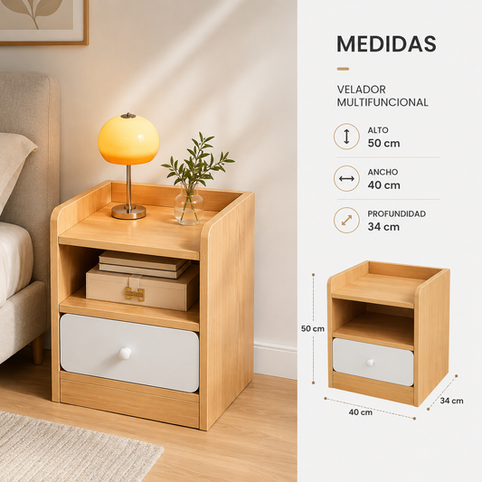 Velador Madera con Cajón 3 Niveles para Dormitorio Estilo Moderno