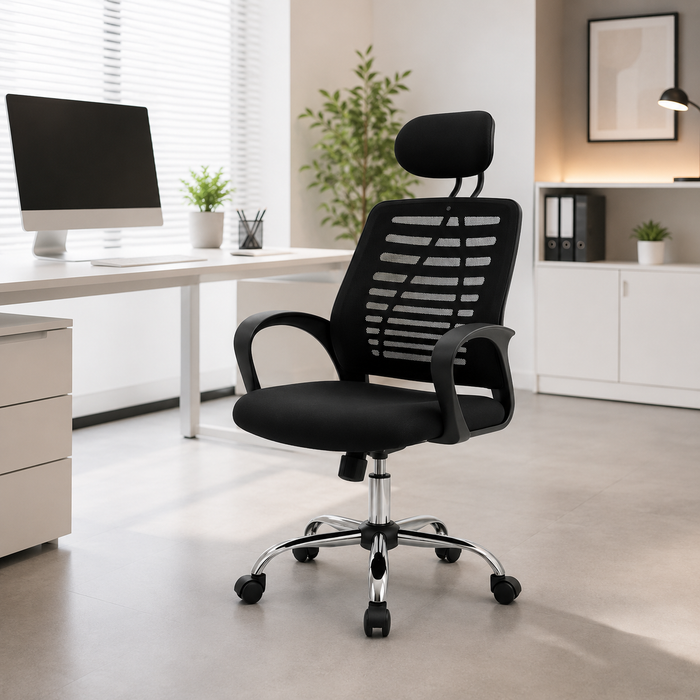 Silla Oficina Ergonómica Giratoria Apoyacabeza Regulable Negra PRIME-N
