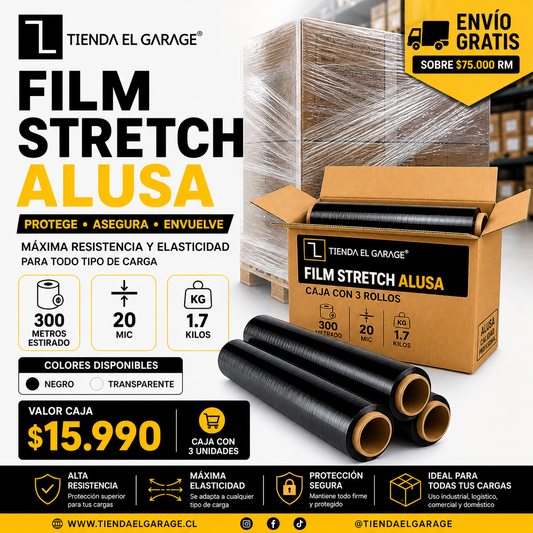 Film stretch negro Alusa detalle rollo 50cm embalaje