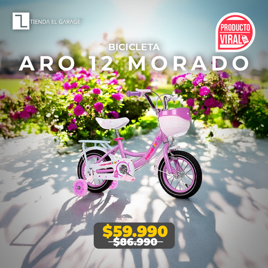 Bicicleta Niña Aro 12 Morado con Rueditas de Apoyo y Canasto