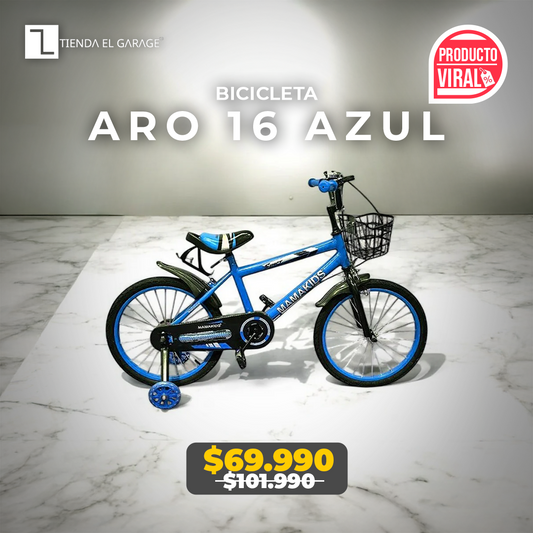 Bicicleta Niño Aro 16 Azul con Rueditas de Apoyo y Canasto