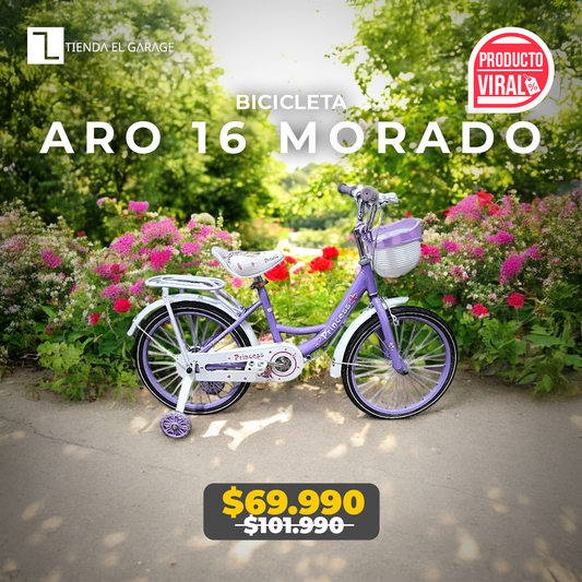 Bicicleta Niña Aro 16 Morado con Rueditas de Apoyo y Canasto