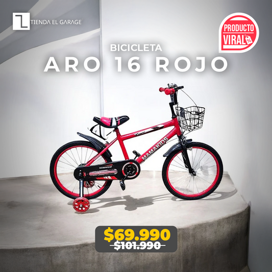 Bicicleta Niño Aro 16 Rojo con Rueditas de Apoyo y Canasto