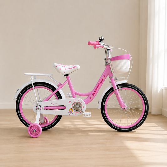 Bicicleta niña aro 16 rosada vista lateral con canasto y parrilla trasera
