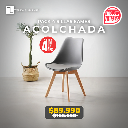 Pack 4 Sillas Eames Acolchadas Color Gris para Comedor y Oficina