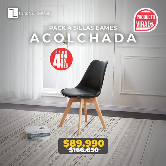 Pack 4 Sillas Eames Acolchadas Color Negra para Comedor y Oficina