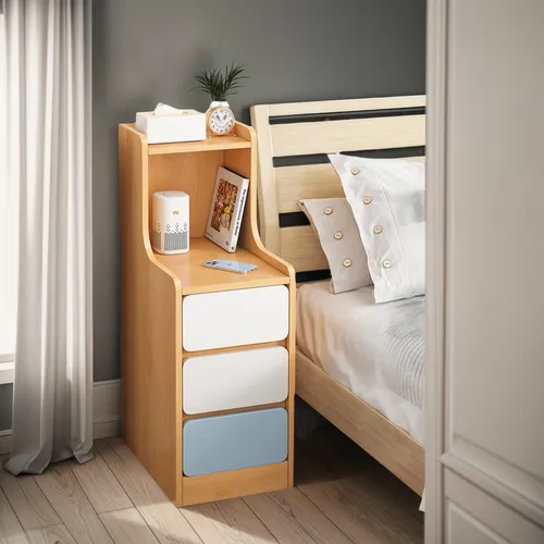 Velador Angosto Natural con 3 Cajones 87cms