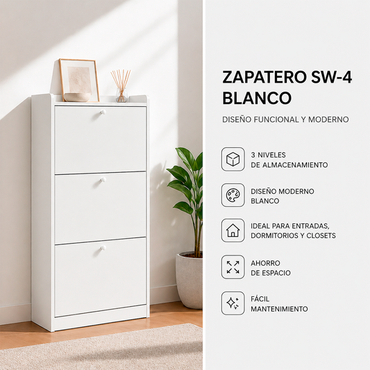 Zapatero mural blanco 3 niveles vista lateral dormitorio