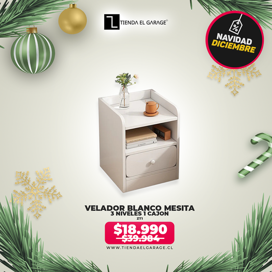 Velador ZT1 BLANCO Mesita 3 Niveles 1 Cajon Tienda El Garage