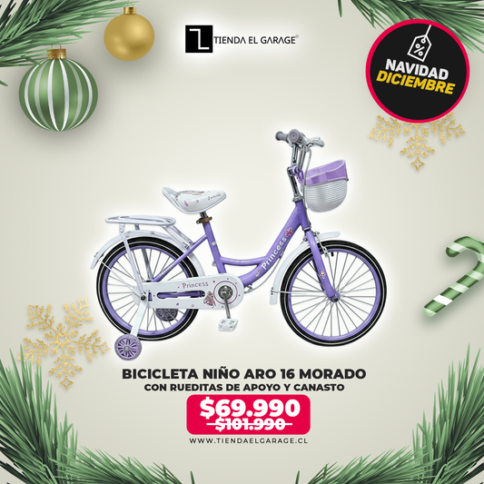 Bicicleta Niña Aro 16 Morado con Rueditas de Apoyo y Canasto