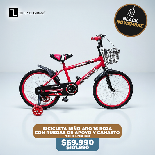 Bicicleta Niño Aro 16 Rojo con Rueditas de Apoyo y Canasto