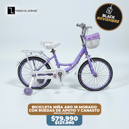 Bicicleta Niña Aro 18 Morado con Rueditas de Apoyo y Canasto