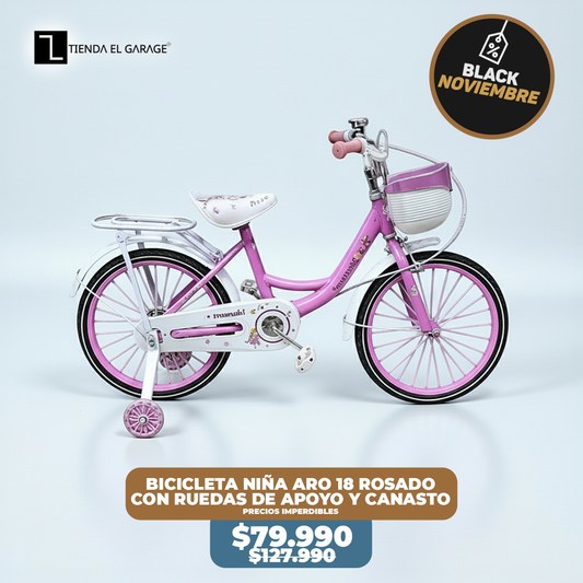 Bicicleta Niña Aro 18 Rosado con Rueditas de Apoyo y Canasto