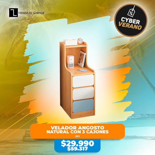 Velador Angosto Natural con 3 Cajones 87cms