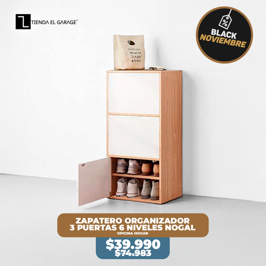 Zapatero Organizador 3 Puertas 6 Niveles Nogal Claro con Cajones ZT9