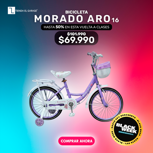 Bicicleta Niña Aro 16 Morado con Rueditas de Apoyo y Canasto
