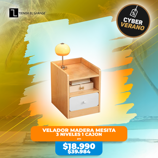 Velador ZT1 Madera Mesita 3 Niveles 1 Cajon Tienda El Garage