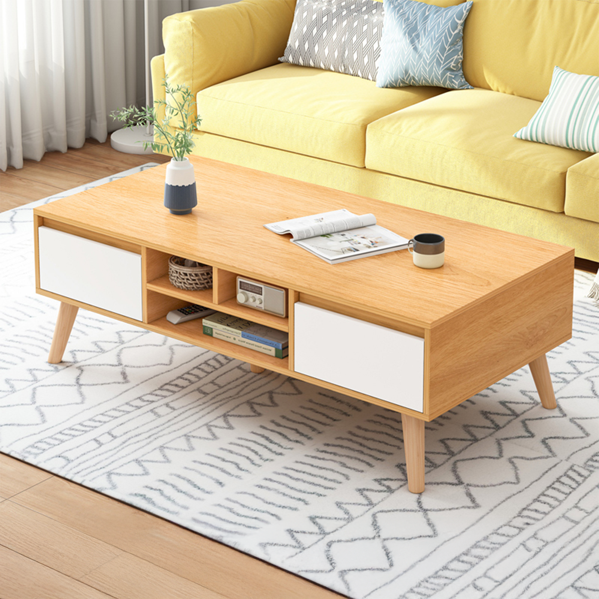 Mesa de Centro Living Madera Escandinava Mediana 100x50x45 2 cajones cm Natural