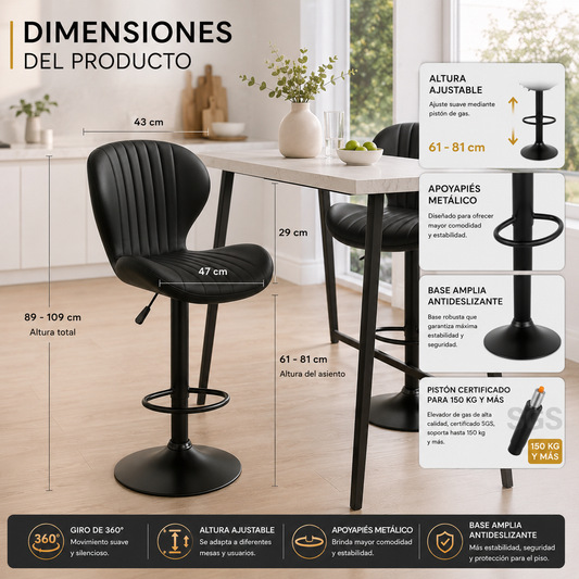 Piso de bar Shell negro regulable con respaldo