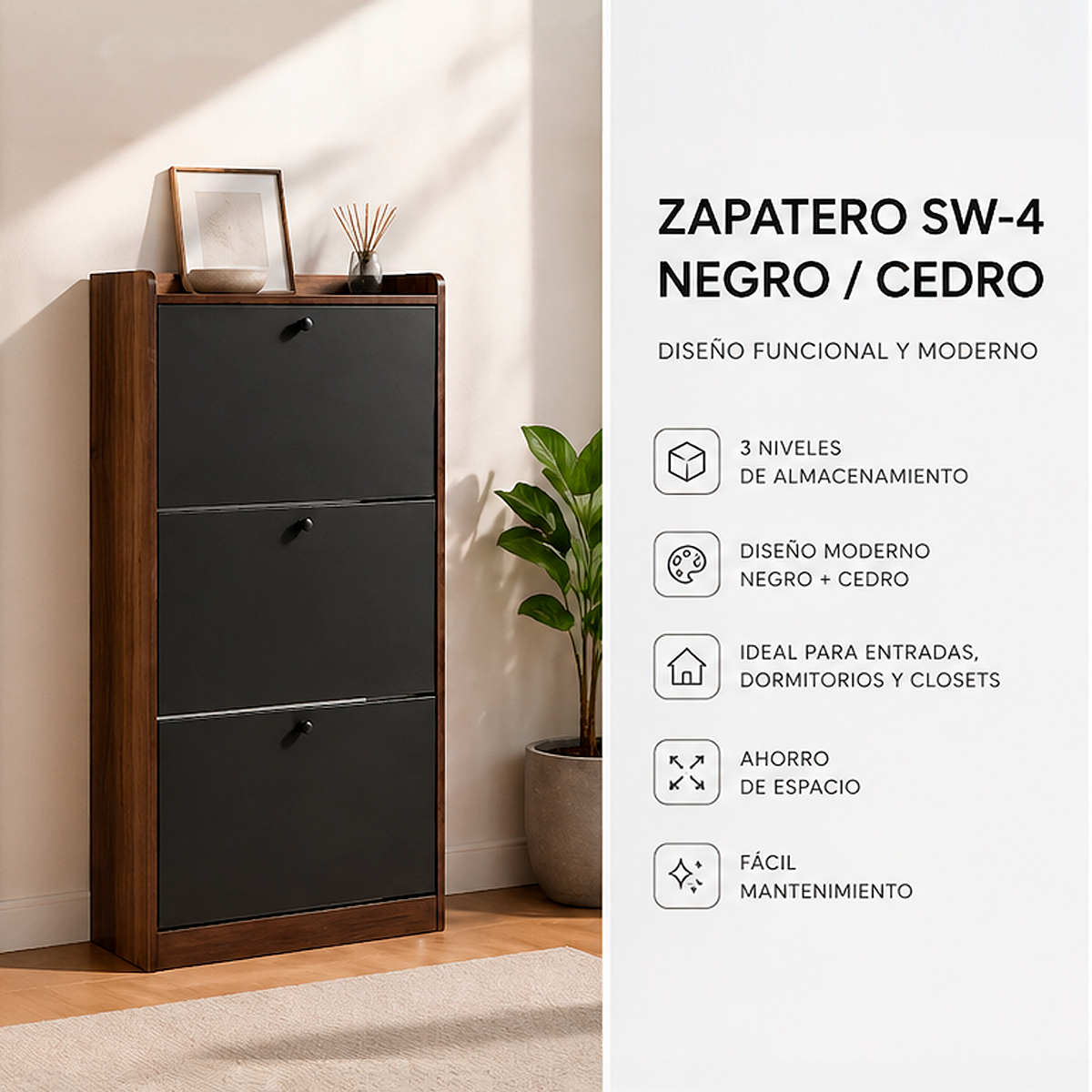 Zapatero mural negro cedro MDF detalle niveles